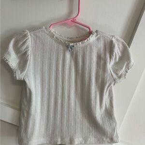 Girls White Short Sleeve Ribbed Tee with Blue Bow